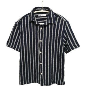 Zara woven Navy/white seersucker top button up  breathable resort vacay mens Med